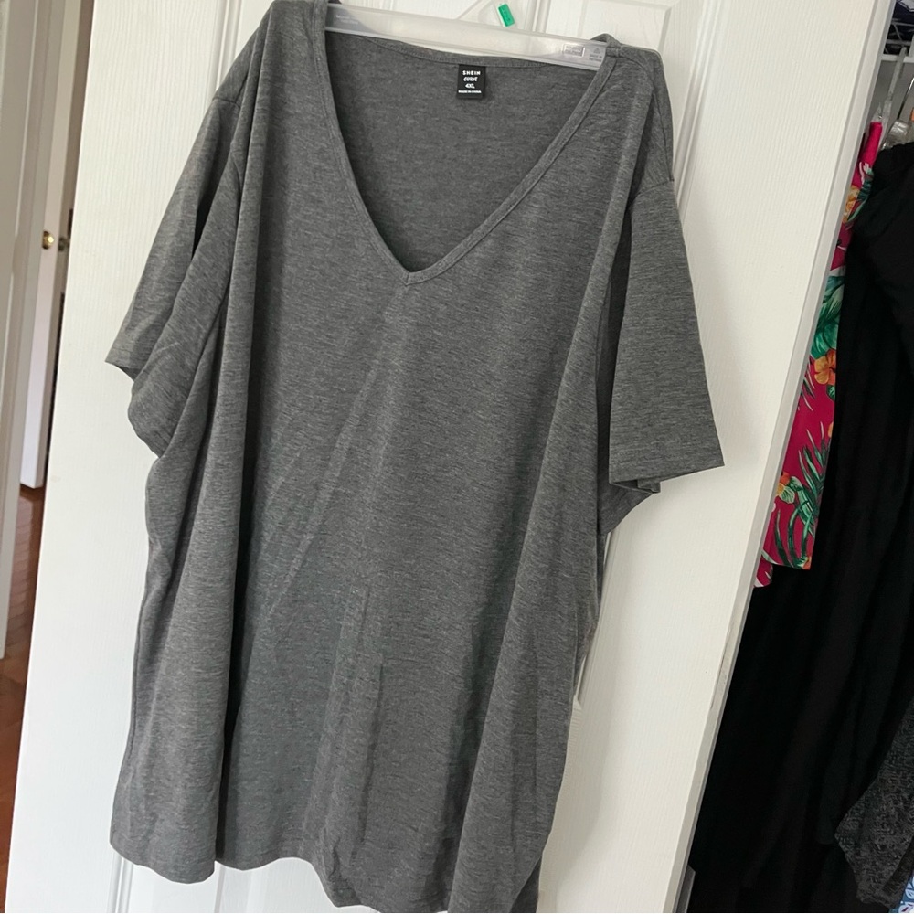 Gray V Neck Oversized Knit Short Sleeve Shirt